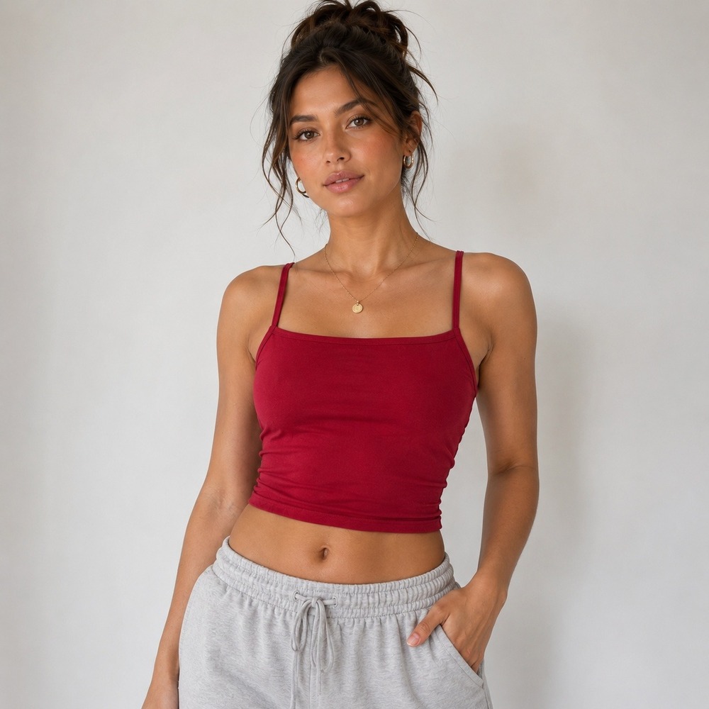 Unbranded Cami Cropped Tank Top  Medium Burgundy Red Square Neck Spaghetti Strap